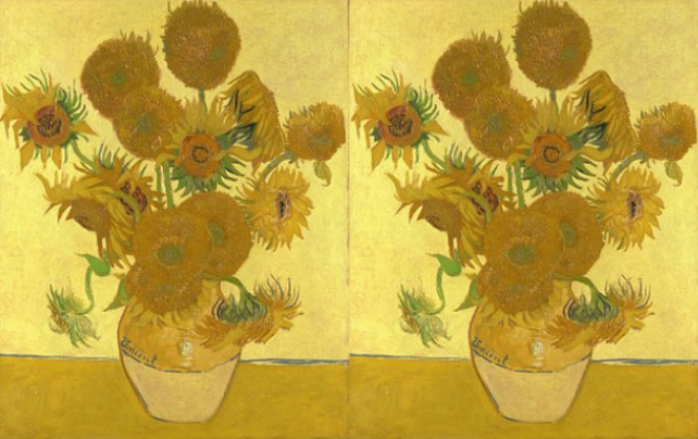 Side-by-side copies of Sunflowers, Fourth Version, Vincent van Gogh, 1888